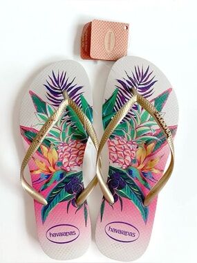 Havaianas Tropical Flip‑Flops Metallic Gold Straps NWT 9/10
